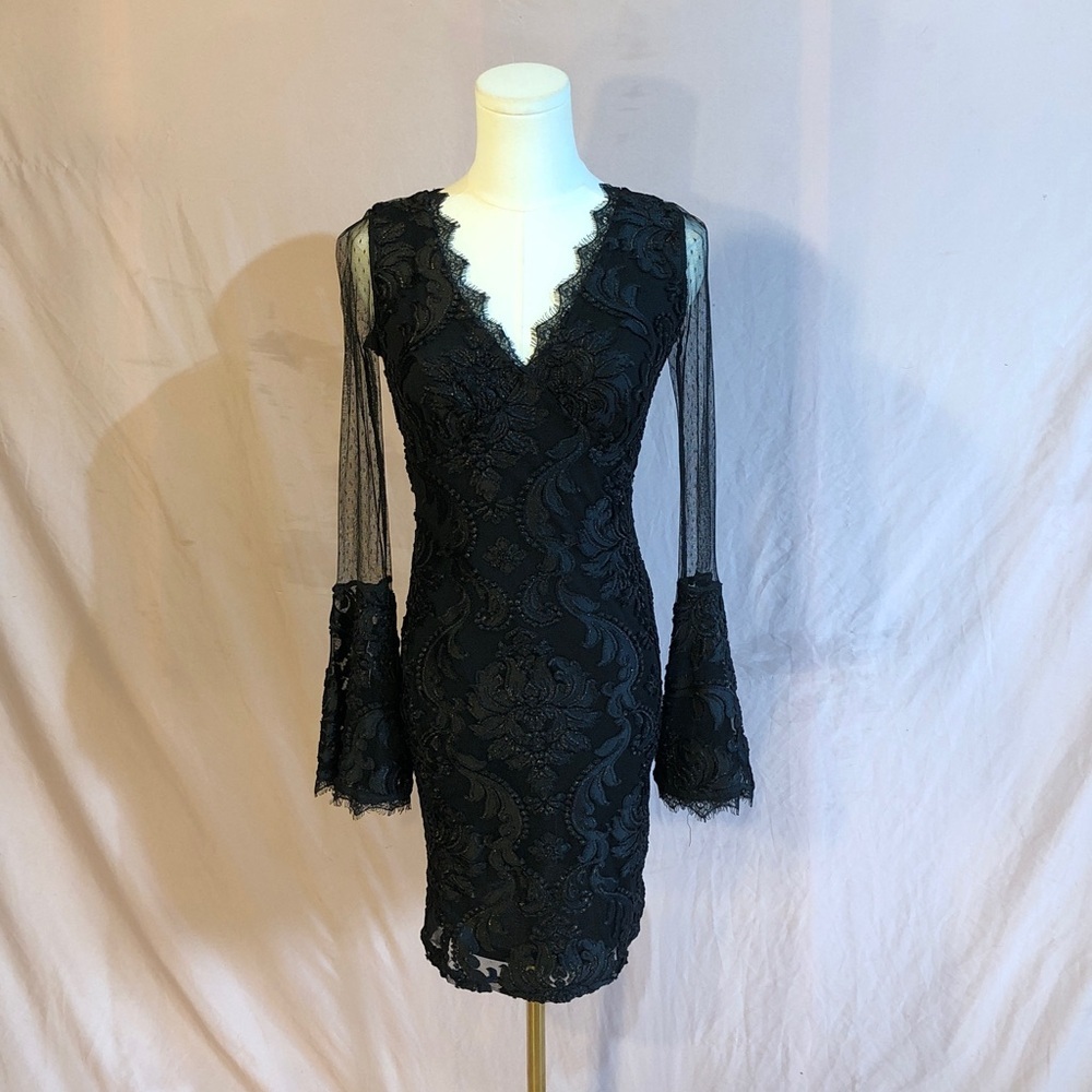 Prom Y2K Formal Bell Sleeve Floral Lace Gold Cocktail Formal Size Small Med